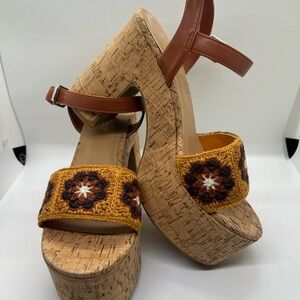 BRAND NEW BAMBOO Brown Cork Platform Sandals with Mustard Crochet - 7.5